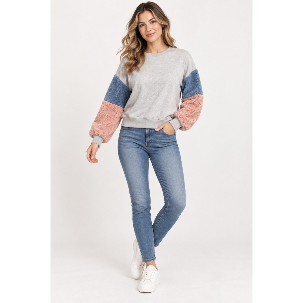 Treasure & Bond Kids Gray Pink Blue Fuzzy Sleeve Sweatshirt Size S 7/8